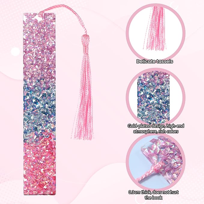 2Pcs Glitter Bookmarks for Girls Purple Pink Sparkly Bookmarks | Acrylic Bling Book Marks Resin Tassel Bookmark for Girls Women Book Lover Reading Presents