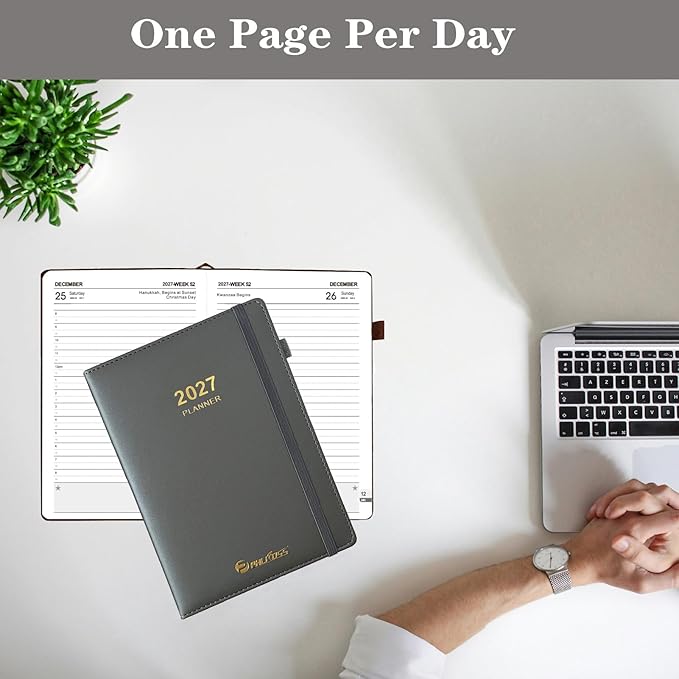 Daily Planner 2027 / Appointment Book, One Page Per Day, Jan - Dec 2027, Annual Daily Monthly Calendar Planner with Hourly Schedule and Monthly Tabs, 5.7" x 8.3" Agenda (Dark Gray)