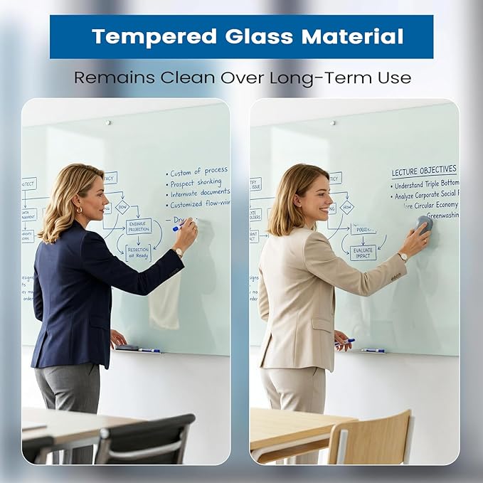 Large Glass Whiteboard, Enhanced Magnetism Glass Dry Erase Board for Wall, 72" x 48" Magnetic Tempered Glass Board, 6' x 4' Big White Board for Home, Office, School