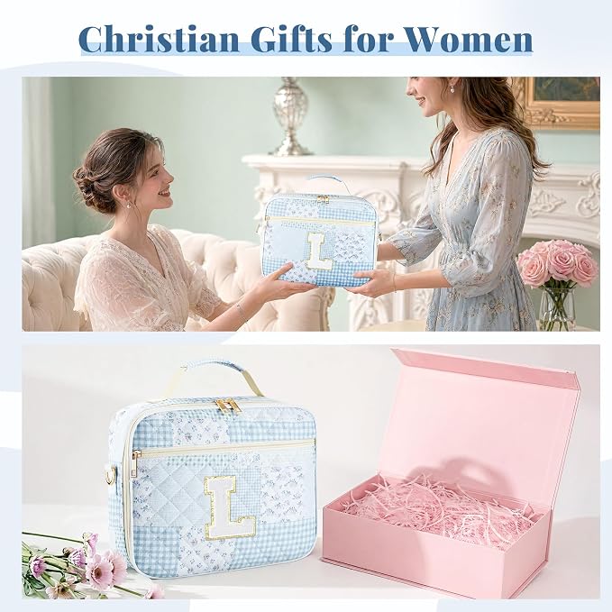 Personalized Initial Bible Cover Case for Women, Large Quilted Bible Bag with Durable Handle, Stylish Church Bag Journaling Kit with Study Supplies Accessories, Christians Gifts for Women (Spliced-L)
