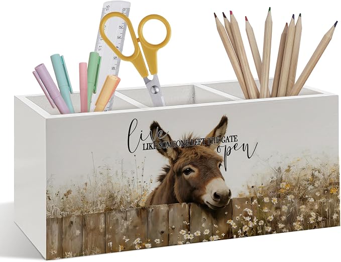 Inspirational Donkey Pen Pencil Holder, Donkey Gifts for Women, Live Like Someone Left the Gate Open Wooden Pen Pencil Organizer for Farmhouse Home Office Desk Decor