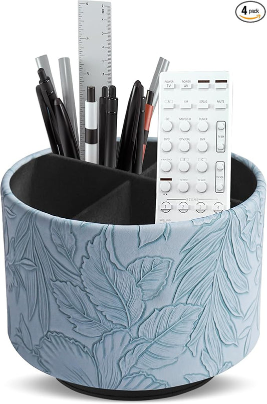 Round Leather Art Supply Organizer,Remote Control Holder,360 Degree Spinning,Multi-Functional Pencil Holder,4 Compartments Desktop Stationary Organizer(1-Carved Light Blue)