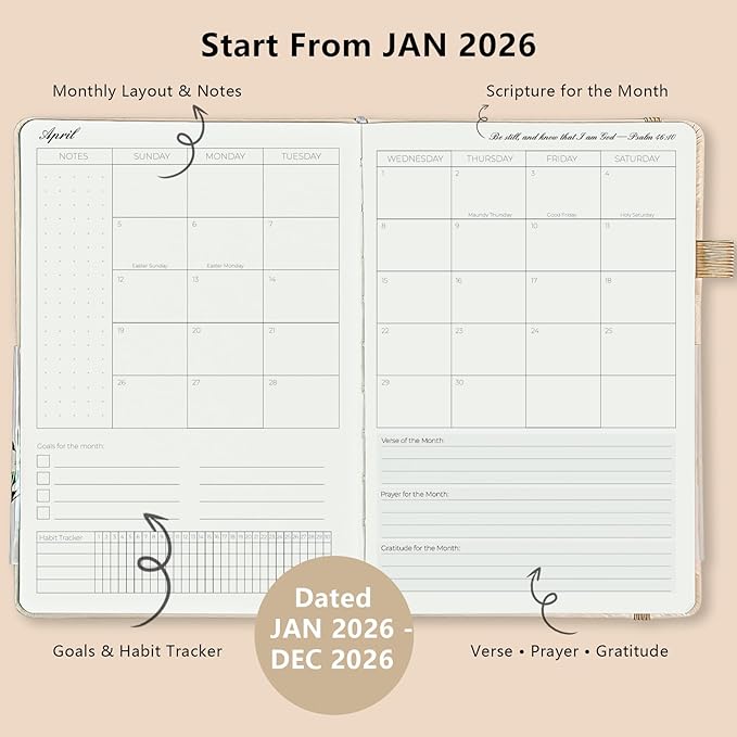 2026 Christian Planner in Beige – Elegant 12-Month Bible Journal and Prayer Notebook, Scripture-Based Weekly Planner, Christian Gifts for Women, Minimalist Hardcover