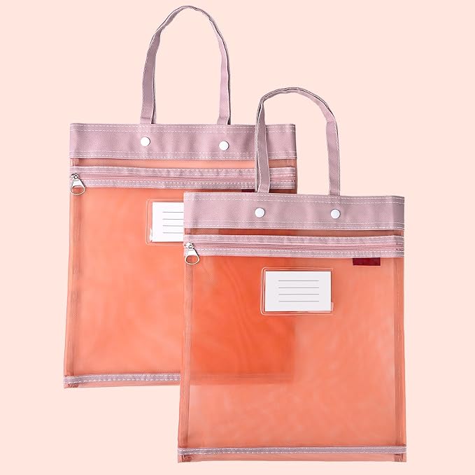 2-Pack Mesh Zipper Pouch Bags with Handles, Double-Layer Nylon Document Bag with Label Pocket, File Storage Pouches for Office Supplies School Travel (Red)