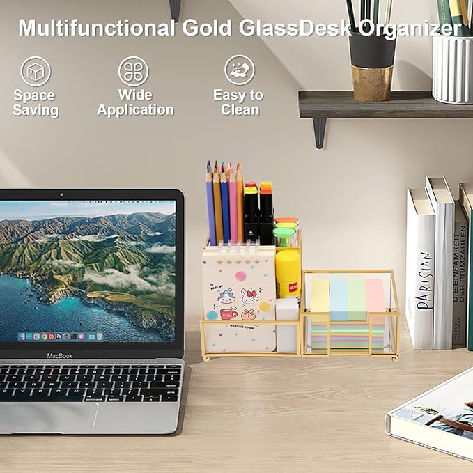 Desk Organizer with 3-Compartments,Glass Small Desk Organizer for Pens Pencils Business Cards Sticky Notes Paper Clips,Gold Stylish Pen Holder for Desk Home Office Decor