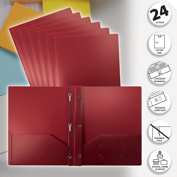Better Office Products Burgundy Plastic 2 Pocket Folders with Prongs, 24 Pack, Heavyweight, Letter Size Poly Folders with 3 Metal Prongs Fastener Clips, Burgundy Red