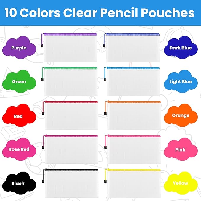 200 Pieces A6 Mesh Zipper Pencil Pouch Bulk Plastic Clear Mesh Storage Bags Waterproof Small Pencil Pouches for School Office Supplies Organization, 9.4 x 4.5 Inches (10 Colors)