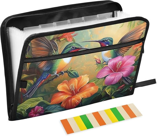 Expanding File Folder Hummingbirds Butterflies Spring Floral Accordion File Organizer 13 Pockets Document Organizer with Zipper Labels A4 Letter Office Storage