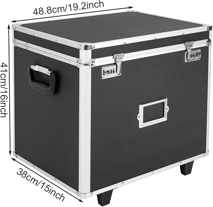 File Box With Lock, Multi-Layer Fireproof Document Box With Wheels,Aluminum Alloy File Lock Box,Hand Pull File Storage Organizer Box,Large Portable Home Office Filing Cabinet For Hanging Folders