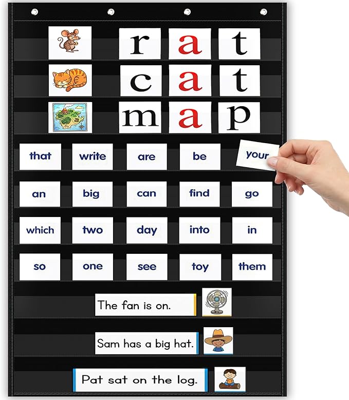 Pocket Chart for Classroom - Large Black 10 Pocket Chart for Alphabet Learning Word Wall Calendar Daily Schedule Sentence Strips Sticker Display, Teacher Supplies for Preschool Kindergarten & Home