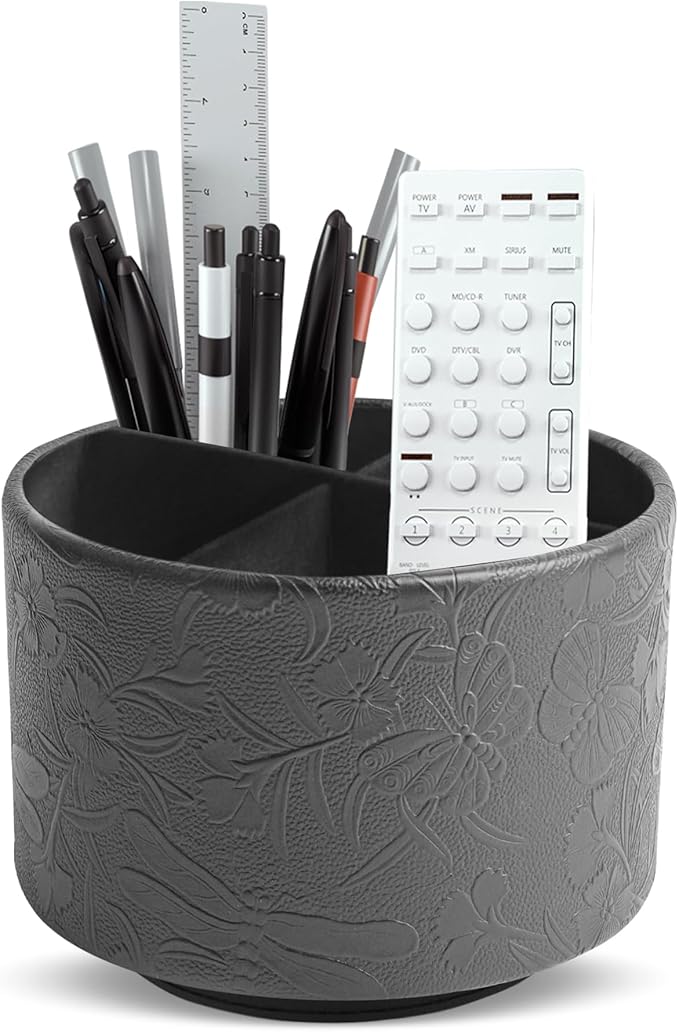 Round Leather Art Supply Organizer,Remote Control Holder,360-degree Rotating Pen Organizer with 4 Compartments(1-Butterfly Black)