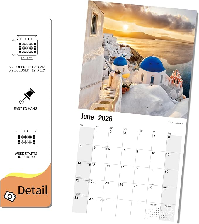 Wall Calendar 2026 Planner Calendar - Europe Destination Hangable Monthly Wall Calendar with Large Blocks for Organizing & Planning, Academic Schedule, Home, Office & family, Thick & Sturdy Paper (12"x24" Open)