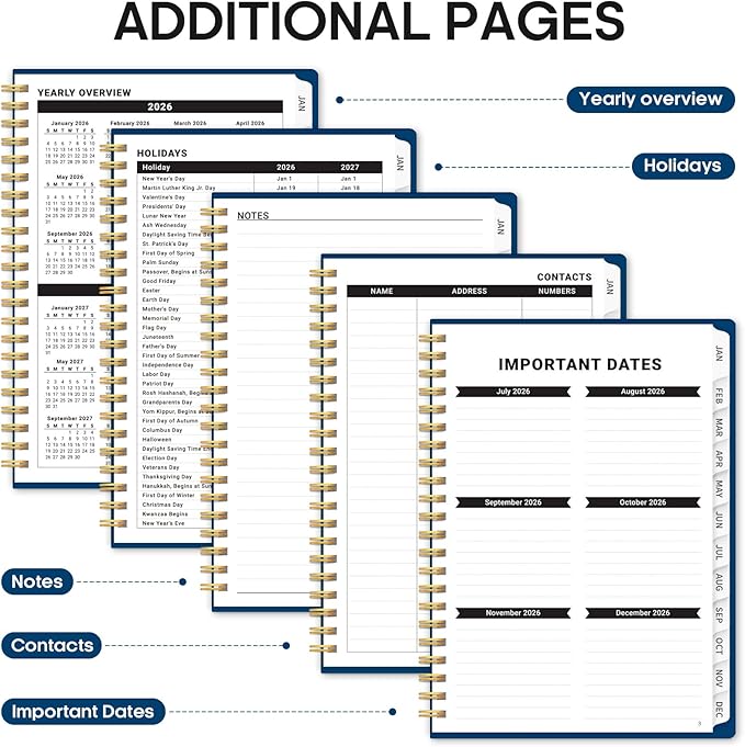 2026 Planner, Weekly and Monthly Calender Planner, Jan 2026 to Dec 2026, Hardcover 2026 Calendar Book with Tabs & Inner Pocket, Office Home School Supplies for Women & Men - A5 (6.3" x 8.5"), Navy Blue