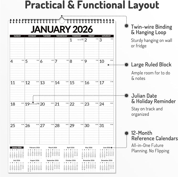 2026 Calendar, Forvencer Large Wall Calendar 2026, 12" x 17", Jan 2026 to Jun 2027, 18-Month Calendars with Stickers, Vertical Hanging Spiral Calendar Planner, Thick Paper, Ruled Blocks, For Family, Office & Seniors