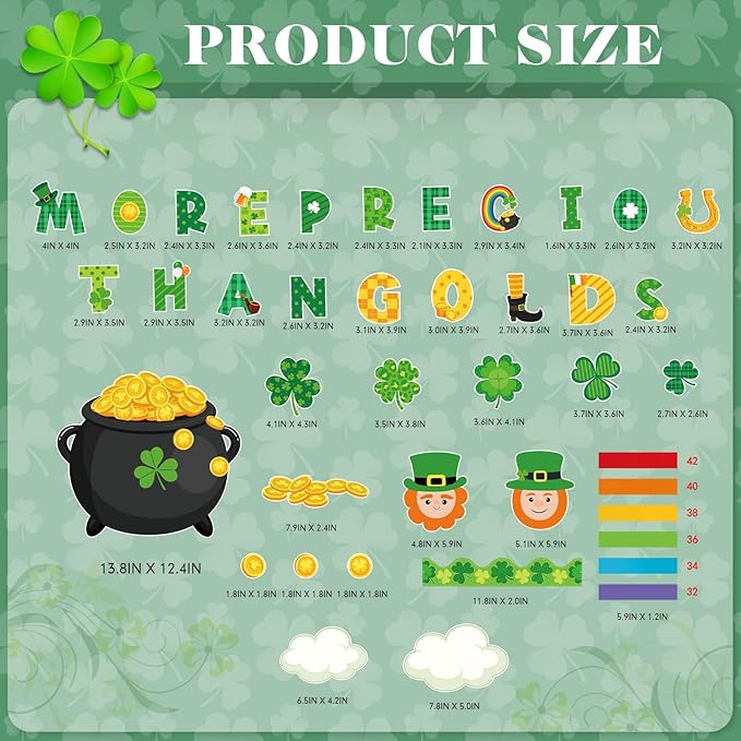 Pasimy St. Patrick's Day Bulletin Board Decorations Set Shamrocks Gold Coin 3D Rainbow Paper Cutouts Lucky Clover Bulletin Board Borders for Green Irish Holiday School Home Wall Decor(Leprechaun)