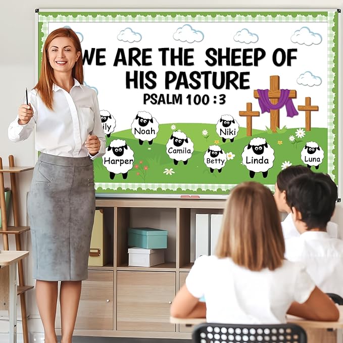 Christian Bulletin Board Set VBS 2026 Religious Jesus Classroom Decoration Sheep Bible Verse Paper Cutouts We are The Sheep of His Pasture Bulletin Board for Sunday School Church Chalkboard Wall Decor