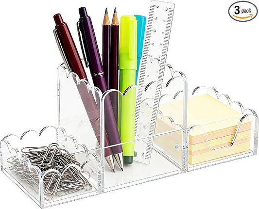 Acrylic Desk Organizer Set of 3,Magnetic Modular Pen Holder with Sticky Note & Paperclip Tray, Clear Aesthetic Desk Accessories for Home Office, Desk Decor for Women Men, Small Space Office Supplies