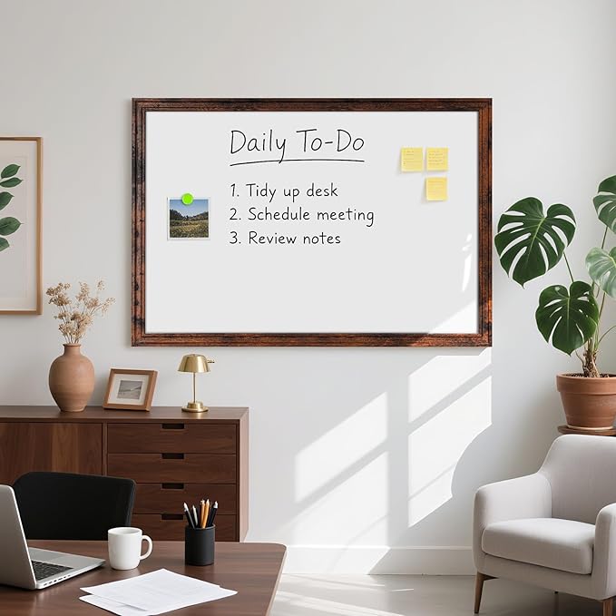 Large White Board for Wall, 46.5''x34.7'' Magnetic Dry Erase Board, 4'x3' Decorative Whiteboard with Brown Vintage Wooden Frame, Hanging Writing Board for Home Office School Dorm