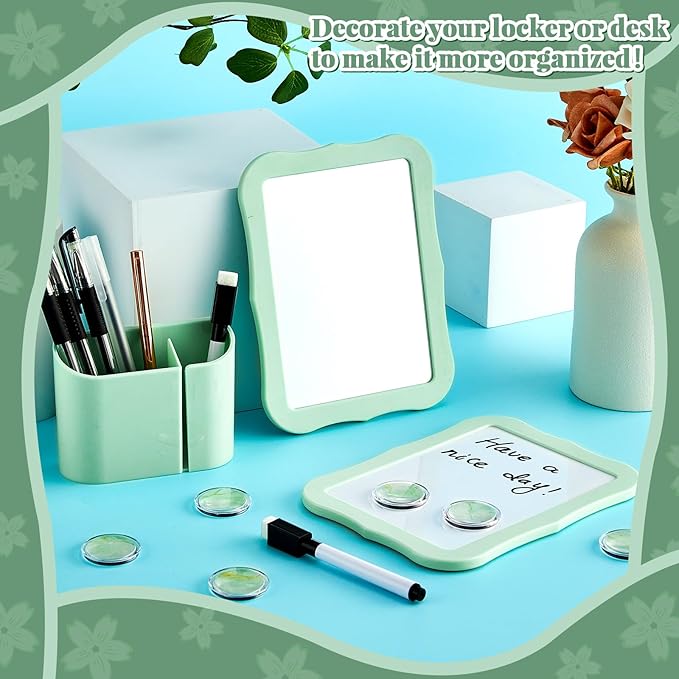QOUBAI 11 Pcs School Lockers Magnetic Decor Green Locker Accessories Kit with Magnetic Mirror Whiteboard Pen Holder Buckles Lockers Organizer Decorations Locker Essentials for Back to School Supplies