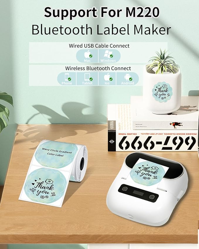 Phomemo Wavy Circle Thermal Label, Gradient Rainbow Green Sticker Label for M110/M100/M220/M250/M108 Label Makers, 1.96" x 1.96" (50x50 mm), for Barcode/Address/Mailing/Logo/Business/Home
