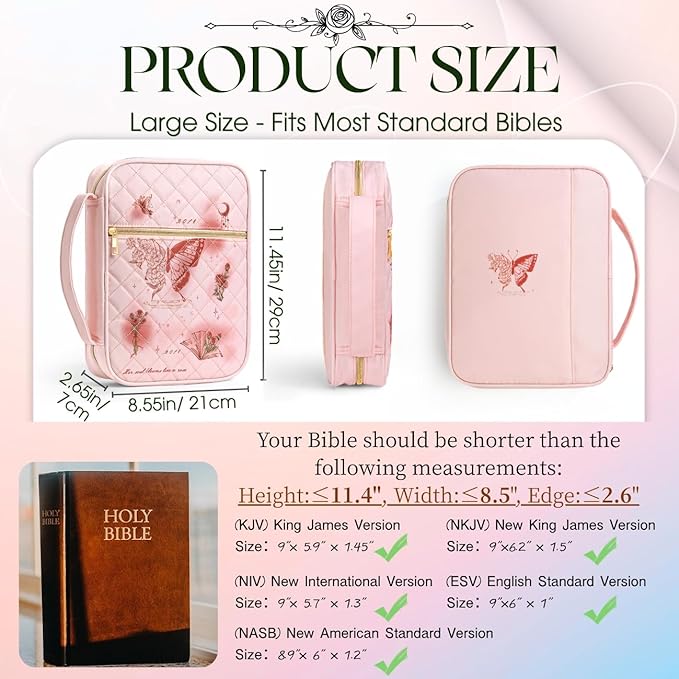 Pink Bible Cover Case: Mothers Day Gifts Large Quilted Bible Bag with Multi Pockets 26 Pcs Study Supplies Journaling Kit, Durable Book Carrying Cases Presents with Butterflies Rose Print