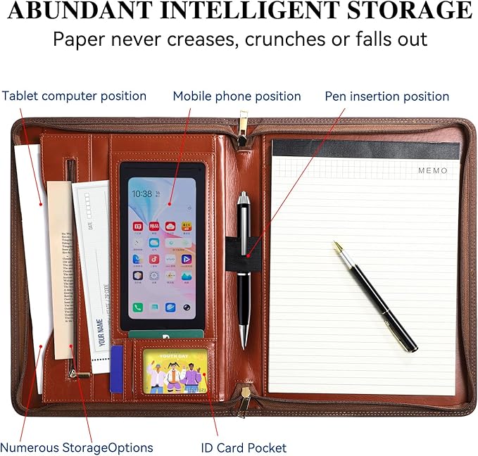Pro PU Leather Padfolio - 10.1" Business Portfolio Organizer with Tablet & Phone Pocket, Zippered Document Holder, Card Slots & Writing Pad | Executive Gift for Professionals (Brown)