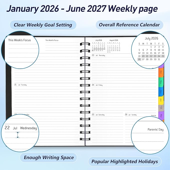 Daily Planner 2026-2027, 18-Month Weekly and Monthly Calendar Planner, January 2026 - June 2027, Planning Agenda Book with Laminated Tabs, Flexible Cover, 100GSM Thick Paper, A5 Size,Black