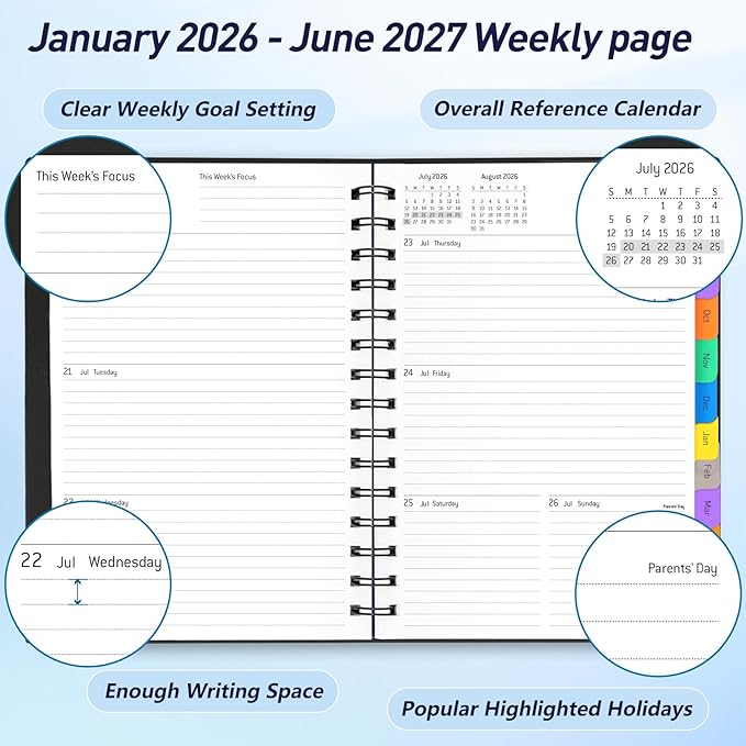 Daily Planner 2026-2027, 18-Month Weekly and Monthly Calendar Planner, Jan 2026 - Jun 2027, 5.7" x 8.3", Flexible Cover, Wirebound, Laminated Tabs, Black