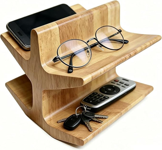 2-Tier Wooden Remote Control Holder Caddy, Decorative Desk Organizer for TV Remotes, Glasses, Office Supplies, Modern Storage Stand for Living Room, Bedroom
