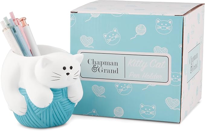 Chapman and Grand Relaxing Kitty Cat Pen Holder, White/Turquoise, Patented