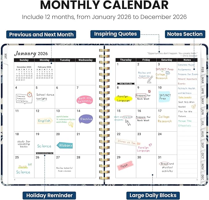 2026 Planner, Weekly and Monthly Planner for Women, January 2026 - December 2026, Hardcover 2026 Calendar Planner Book with Tabs, Inner Pocket, Spiral Bound, Perfect for Office Home School Supplies - A5 (6.3" x 8.5"), Rustic Bloom