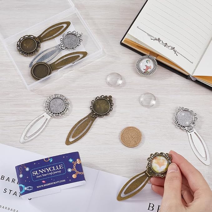 SUNNYCLUE 1 Box 16Pcs DIY 8 Sets Vintage Bookmark Metal Antique Bronze Silver Bookmark Bezel Tray Cabochon Bookmarks Making Kit Glass Cabochons Book Mark Blanks Bookmark Bezels for Adults DIY Crafts