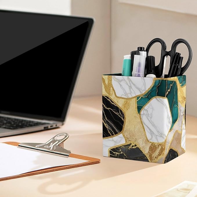 Pen Holder Stand For Desk, Pencil Pen Holder Cup, Desktop Stationery Organizer, Waterproof Multifunctional Office Supplies Abstract Watercolor Painting Gold Blue Turquoise Black White Gray Marble