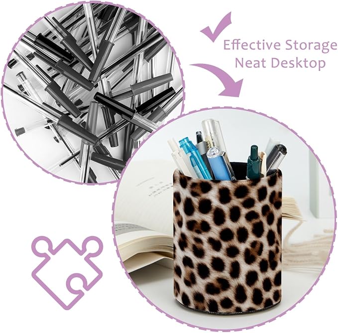 Leopard Print Leather Pen Holder for Desk, Multifunctional Desktop Organizer Pencil Cup, Desktop Caddy Stationery Organizer for School Home Office Desk Accessories