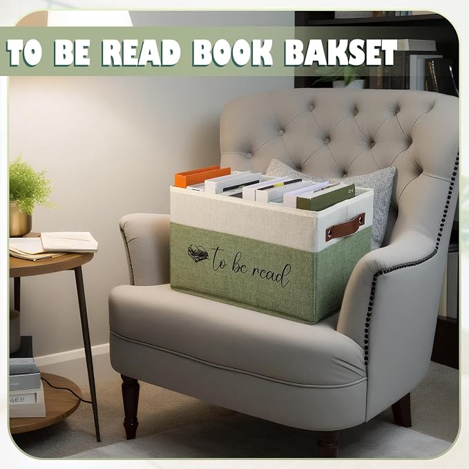 Marsui Book Lover Gifts TBR Book Storage Basket with Lids to Be Read List Storage Bin Bookish Accessories Bookworm Gift for Club Members Student Teacher Reading Accessories(White and Green)