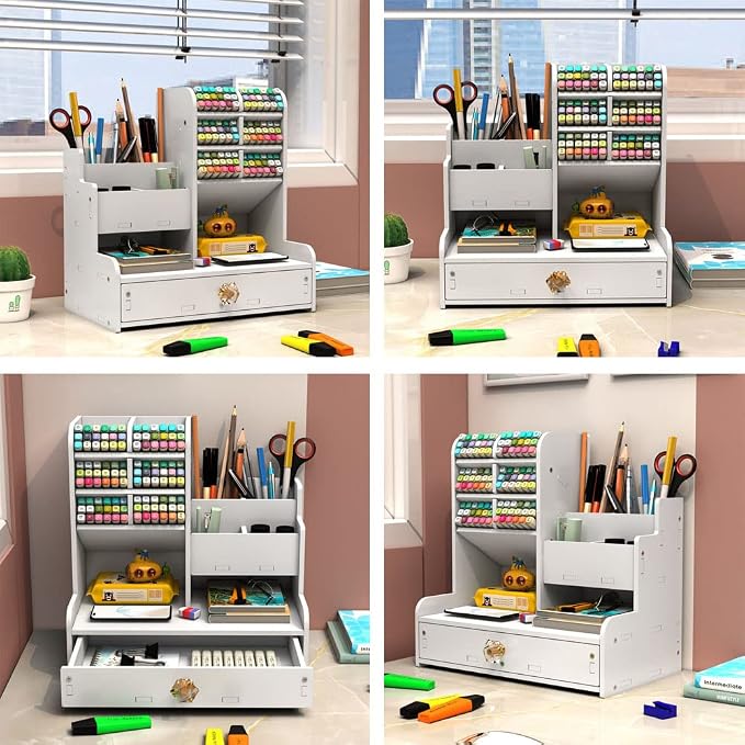 Hggzeg White Pen Organizer with Drawer, DIY Pencil Holder Desk Tidy Caddy Office Stationery Desktop Organiser for Home, Office and School (PB17 White)