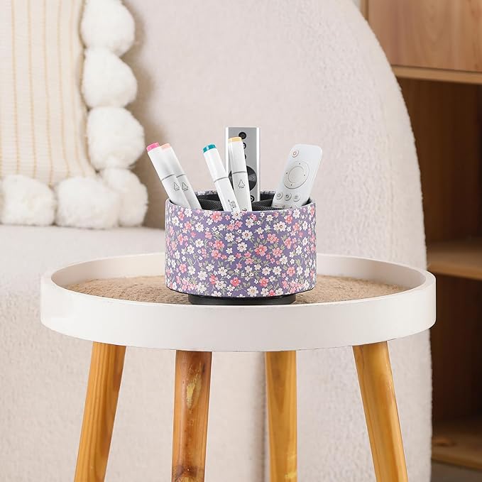 360 Degree Rotating Remote Holder for Table, Spinning Desk Organizer, Desk Caddy Pen Cup for Nightstand, Coffee Table, Office, 4 Compartment Stationary Remote Basket, Small Flowers PH129