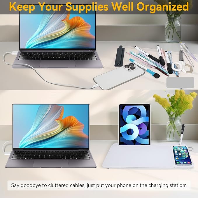 Small Glass Desktop Whiteboard Dry Erase Board with Wireless Charger Station - Computer Pad Keyboard Stand with Organizer for Home, School, Office Desk Accessories