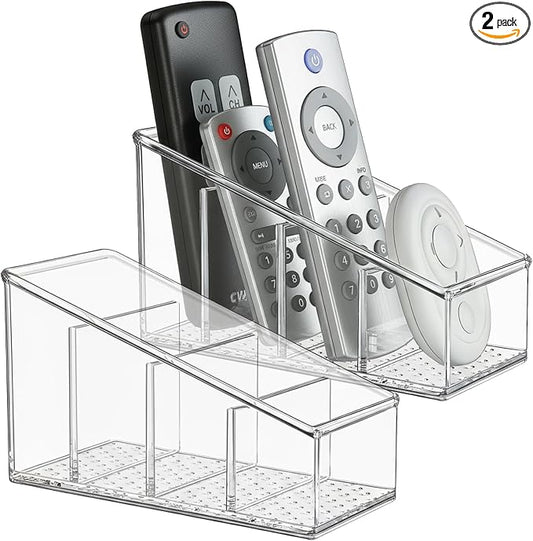 TV Remote Holder, Remote Holder for Table, Remote Control Caddy, Clear PET Remote Control Organizer with 4 Storage Compartments, Mini Desktop Remote Storage for Household, Bedside, Living Room (2)