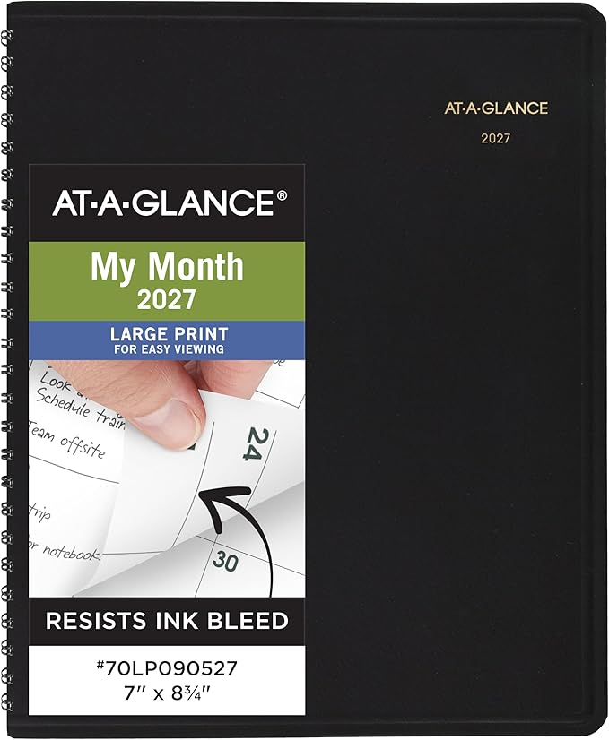 AT-A-GLANCE 2027 Planner, Monthly, 7" x 8.75", Large Print, Unruled Daily Blocks, Black (70LP090527)