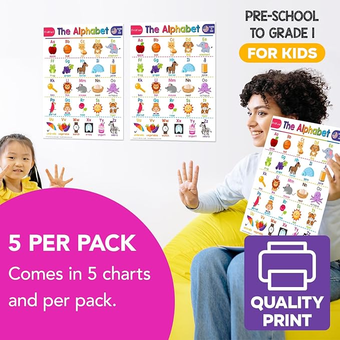 Alphabet Chart for Preschool to Grade 1 Kids – Bright and Colorful Educational Visual/Learning Aid Poster Decoration for Classroom or Home | Glossy Durable Cardstock | 8.5" x 11" | 5 per Pack