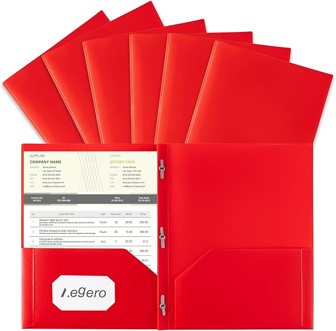 Aegero Folders with Pockets and Prong with Fasteners (6 Pack,Red),Durable Plastic Pocket Folders with Prongs,Tear Resistant,2 Pocket 3 Prong Folders for Schoolwork & Office,Letter Size