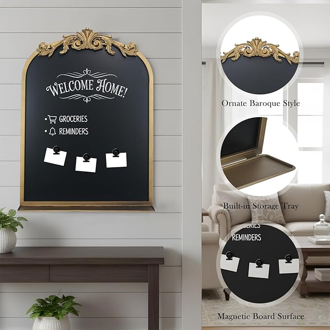 Vintage Magnetic Arch Chalkboard with Shelf - 18"x24" Decorative Wall Mounted Ornate Gold Framed Blackboard with Chalk, Clips & Cloth - Elegant Wedding Sign & Kitchen Menu Home Decor