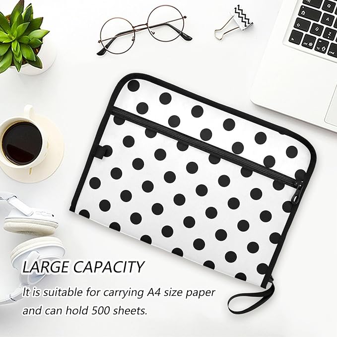 ALAZA Polka Dot Black on White 13 Pocket Expanding File Folder with Labels, Accordion File Folder File Organizer Letter A4 Paper for Office School Student