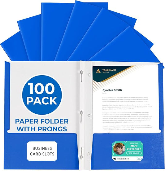 100 Pack Blue 2 Pocket Paper Folders. EPI Heavy Duty, Bulk Folders with Pockets, Prongs and Business Card Slots. Letter Size Document Organizers. Durable Portfolio for School, College, Office Files