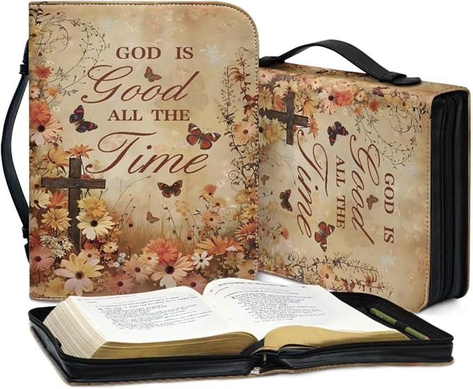Vintage Religious Floral Cross Bible Case with Bookmark Waterproof Bible Cover Case for Women Lightweight Bible Bag with Handle Pockets Church Book Bag Brown
