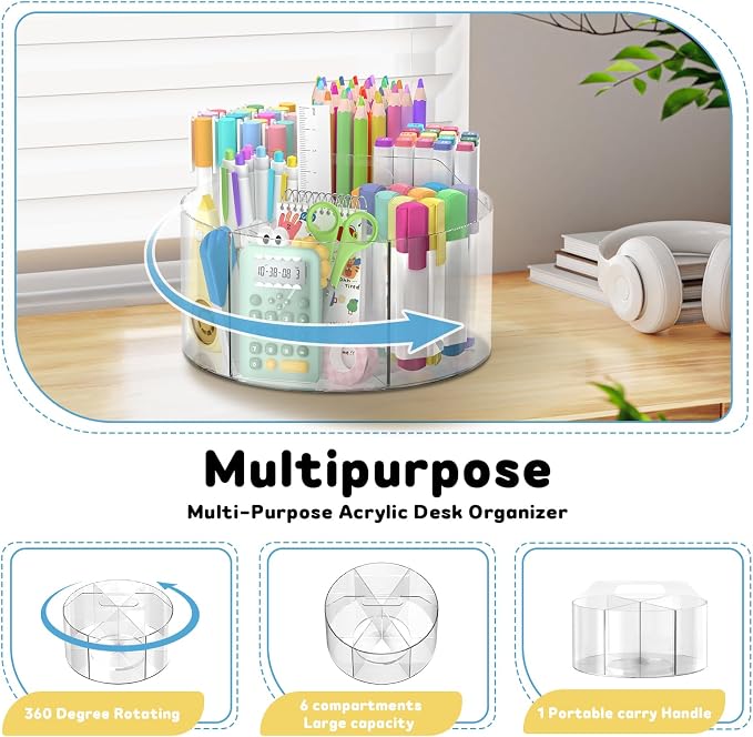 SUPEASY Acrylic Rotating Pencil Holder, 360° Clear Pen & Marker Organizer with 6 Compartments and Carry Handle, Crayon Art Supply Organizer for Desk, Home, Office, Classroom