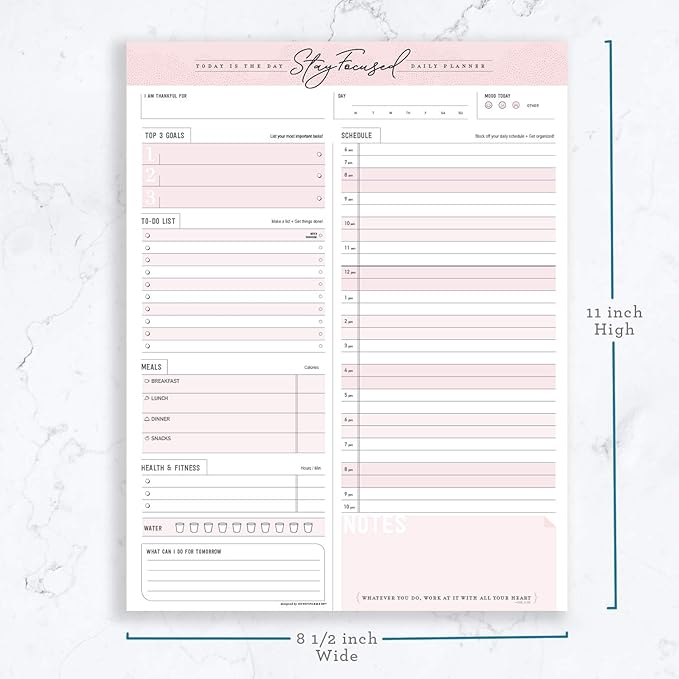 Daily Notepad Planner To Do Schedule - Stay Focused 50 Tear off Premium Made USA (Rose Pink)