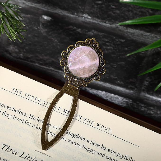 Vintage Rose Quartz Bookmark with Natural Crystal Stone - Fantasy Brass Metal Bookmarks for Reading Women, Men, Book Lovers, Girls and Teachers Book Marks(Rose Quartz)