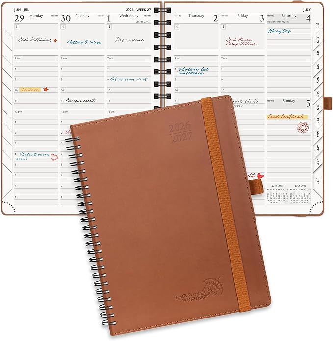 POPRUN Planner 2026-2027 (Medium - 6.5'' x 8.5'') Academic Weekly Calendar (July 2026 - June 2027) with Hourly Time Slots, Monthly Tabs, 100GSM Thick Papers, Spiral Leather Cover - Brown